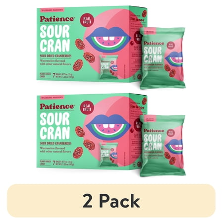(2 pack) Patience SourCran Dried Cranberry Fruit Snack, Watermelon Flavor, 0.75 oz Pouch, 7 Count