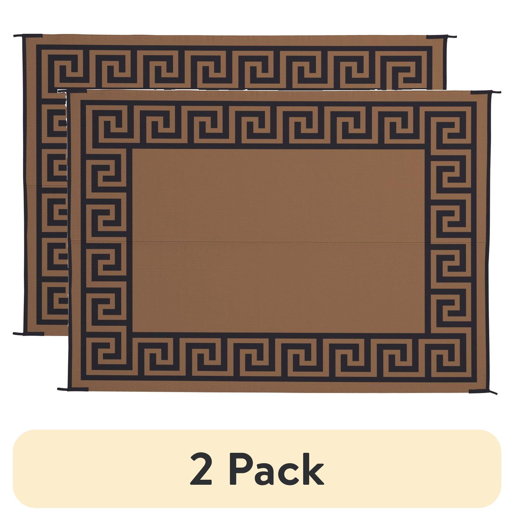 (2 pack) Patio Mats 9x12 Reversible RV Outdoor Patio Mat, Camping Mat, Greek Key, Tan (Reversible with 2 designs)