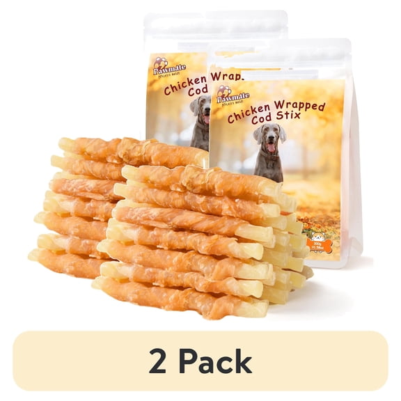 (2 pack) Pawmate Chicken Jerky & Cod Sticks Dog Treats, Omega3 Natural Soft Snacks for All Dogs, 15-17ct Bag, 11 oz
