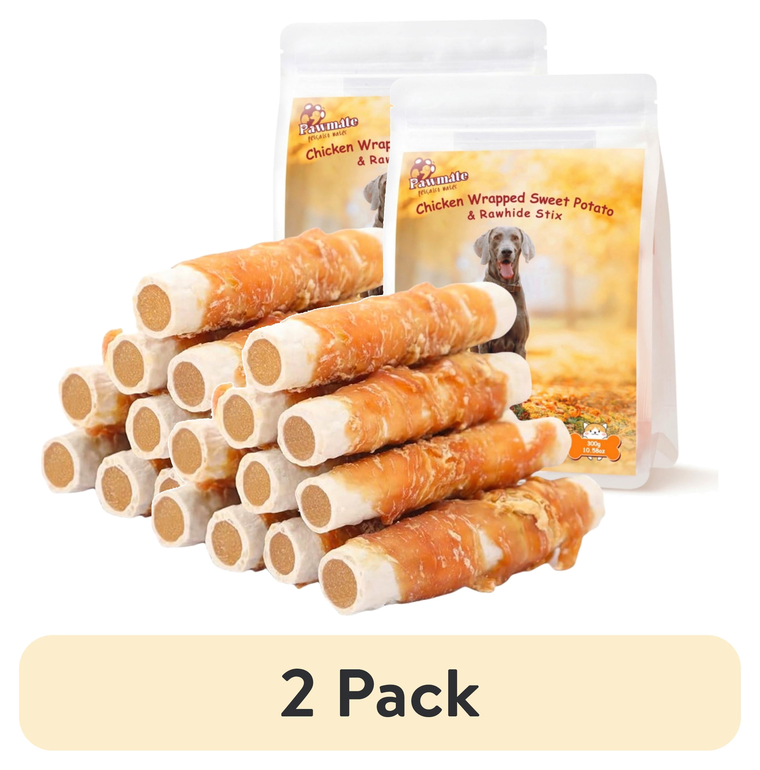(2 pack) Pawmate Chicken Jerky & Sweet Potato Rawhide Dog Treats, Long Lasting Natural Chews for Medium Large Dogs, 6 Count