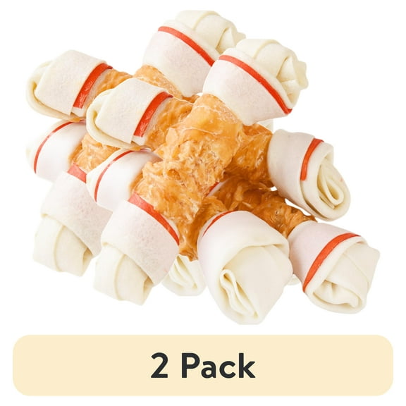 (2 pack) Pawmate Rawhide Dog Bone, Chicken Wrapped 6.5" Knotted Bones, Long-Lasting Chews for Large Dogs, 4 Count