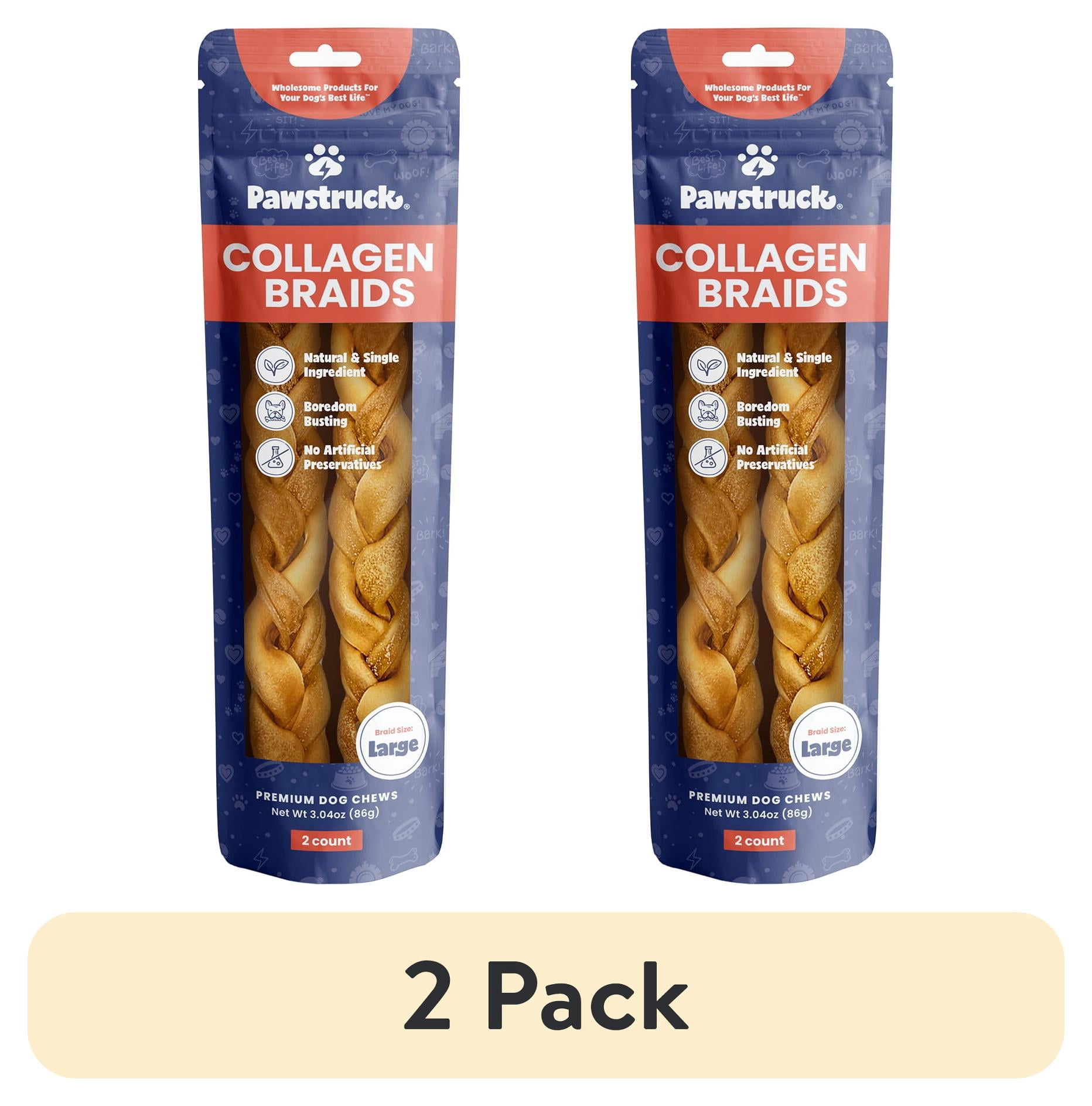 (2 pack) Pawstruck Natural Large Braided Beef Collagen Sticks, Single Ingredient Chew for Dogs, 2pk