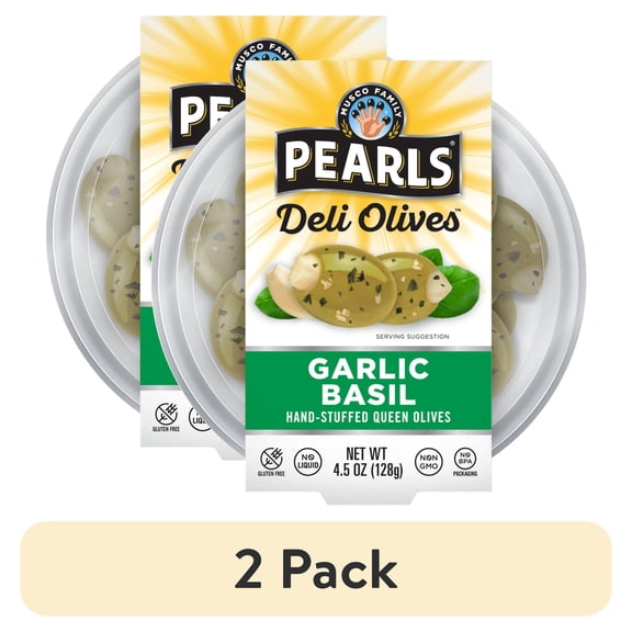 Pearls Deli Olives Garlic Stuffed Olives w/ Basil 4.5 oz Tub. Major Allergens Not Contained.