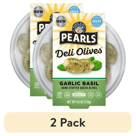 (2 pack) Pearls Deli Olives Garlic Stuffed Olives w/ Basil 4.5 oz Tub. Major Allergens Not Contained.