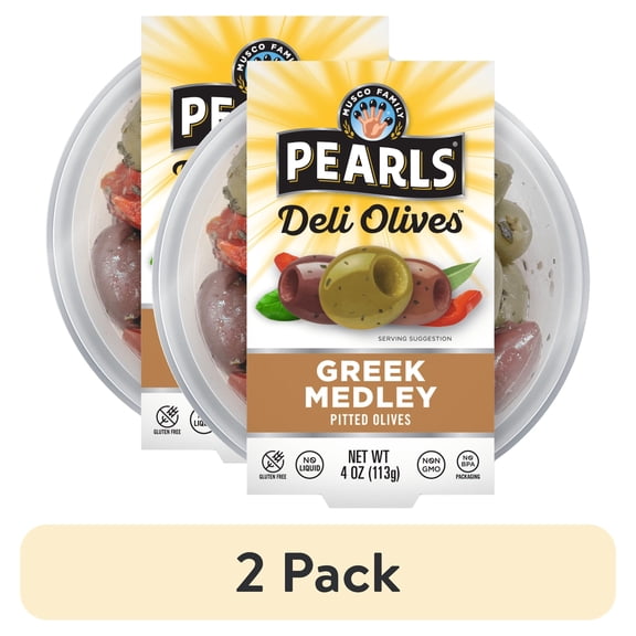 Pearls Deli Olives Greek Medley Pitted Olives 4oz Tub. Major Allergens Not Contained