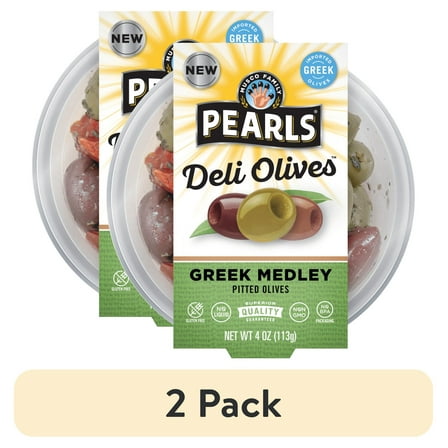 (2 pack) Pearls Deli Olives Greek Medley Pitted Olives 4oz Tub, Major Allergens Not Contained