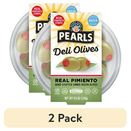 (2 pack) Pearls Deli Olives Real Pimiento Hand Stuffed Jumbo Olives 3.5 oz Tub. Allergens Not Contained.