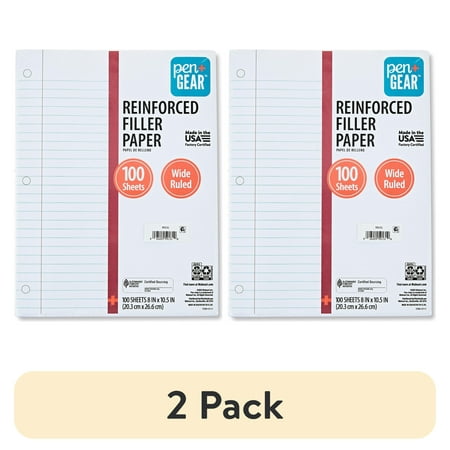 (2 pack) Pen+Gear Wide Ruled 8" x 10.5" Reinforced Filler Paper, 100 Count