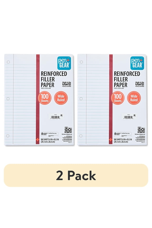 (2 pack) Pen+Gear Wide Ruled Reinforced Filler Paper, 8" x 10.5", 100 Sheets