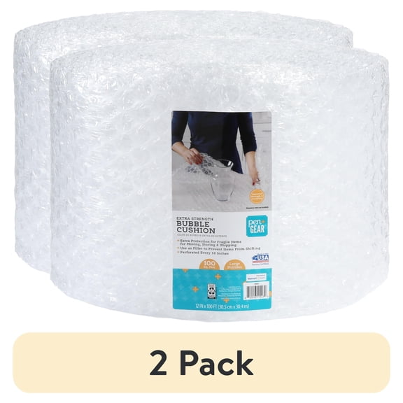 (2 pack) Pen+Gear 12 in. x 100 ft. Large Bubble Cushion, Clear, Plastic, 1 Roll