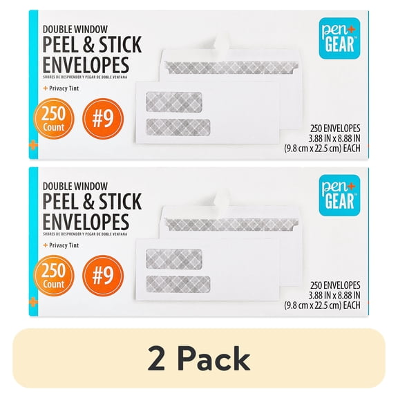 (2 pack) Pen Gear #9 Double Window Peel and Stick Envelopes, White, 3.88 in x 8.88 in, 250 Count