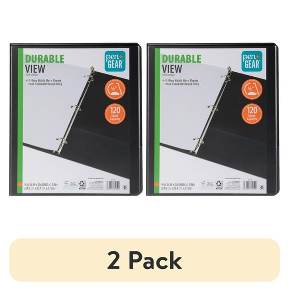 (2 pack) Pen  Gear Durable View Binder, 1/2‑Inch D‑Ring, Black, 1‑Pack, 120‑Sheet Capacity