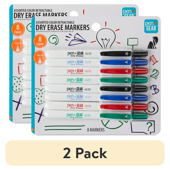 (2 pack) Pen+Gear Retractable Dry Erase Markers, Fine Tip, Assorted Colors, 8 Count