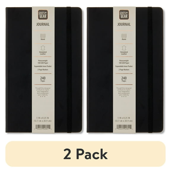 (2 pack) Pen+Gear Simulated Leather Journal, Black, 5" x 8.25", 240 Ruled Pages