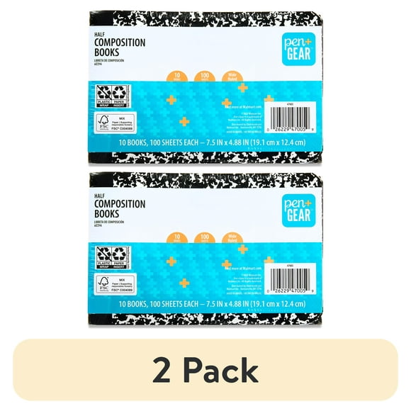 (2 pack) Pen+Gear Wide Rule Half Composition Book, 7.5" x 4.88", Black and White, 100 Pages (10 Pack), New