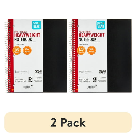 (2 pack) Pen+Gear Wide Ruled 3-Subject Poly Notebook, Black, 8.5" x 10.5", 120 Sheets