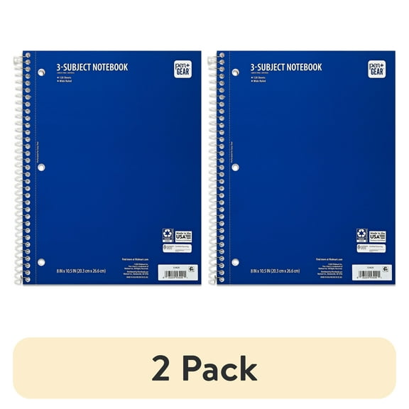 (2 pack) Pen + Gear Wide Ruled 3-Subject Spiral Notebook, Blue, 10.5" x 8", 120 Pages