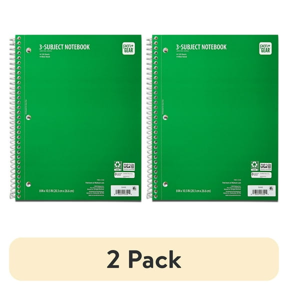 (2 pack) Pen + Gear Wide Ruled 3-Subject Spiral Notebook, Green, 10.5" x 8", 120 Pages