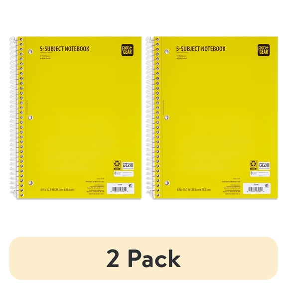 (2 pack) Pen+Gear Wide Rule 5 Subject Notebook, 8” x 10.5”, Yellow, 180 Sheets, New