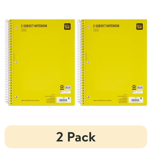 (2 pack) Pen+Gear Wide Rule 5 Subject Notebook, 8” x 10.5”, Yellow, 180 Sheets, New