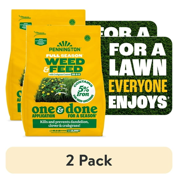 (2 pack) Pennington Full Season Weed and Feed Plus Crabgrass Control Lawn Food 25-0-8 Fertilizer, 43.2lbs, Covers 12,000 sq. ft.