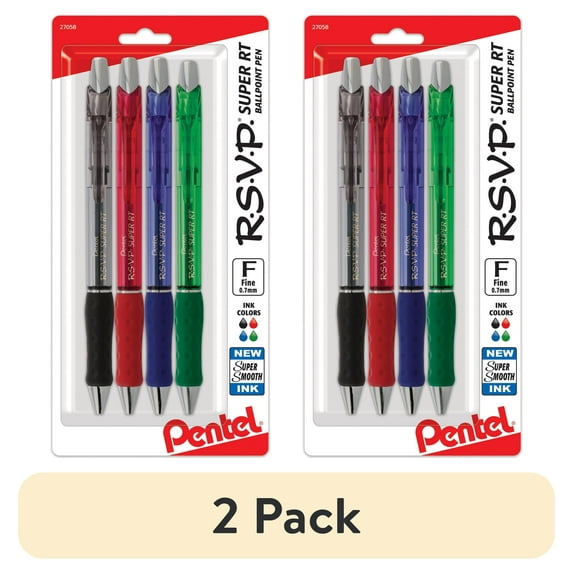 (2 pack) Pentel RSVP Super RT Ballpoint Pen, (0.7mm) Fine Line, Assorted Ink (ABCD), 4-pk - BX477BP4M