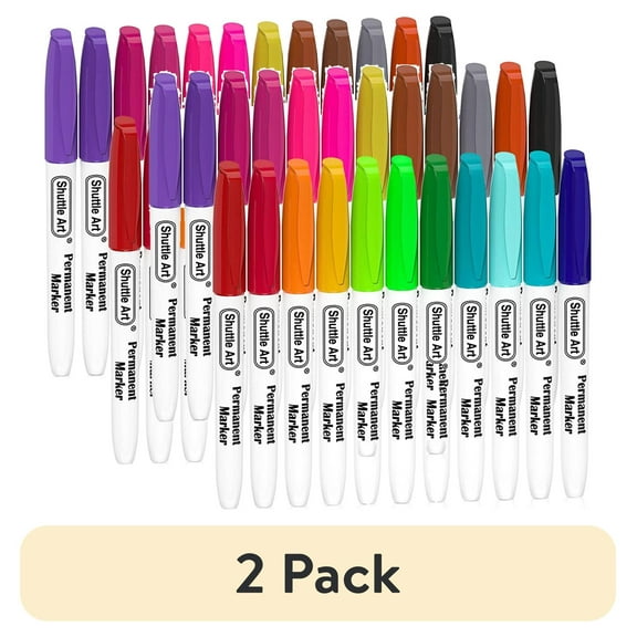 (2 pack) Permanent Markers, Shuttle Art 24 Colors Fine Point Assorted Colors Permanent Marker Set, Works on Plastic,Wood,Stone,Metal and Glass for Doodling, Coloring, Marking