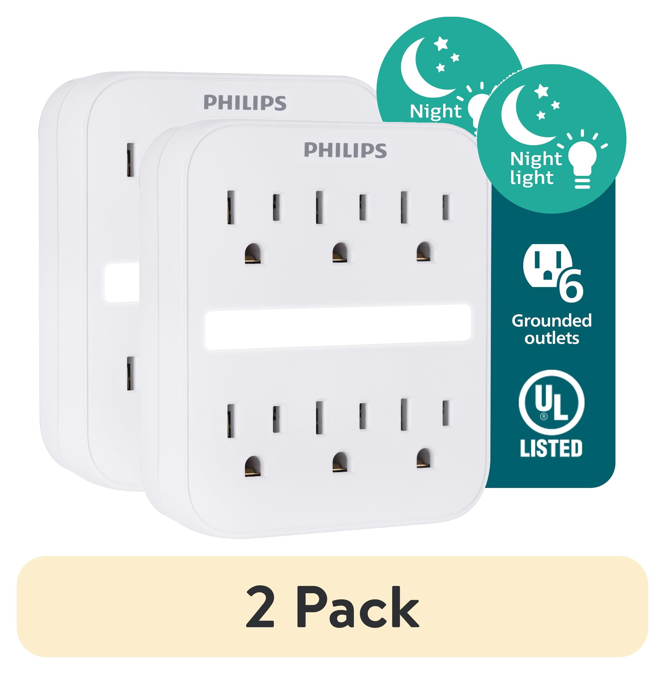 (2 pack) Philips 6-Outlet Grounded Wall Tap with Light Sensor Night Light Protection