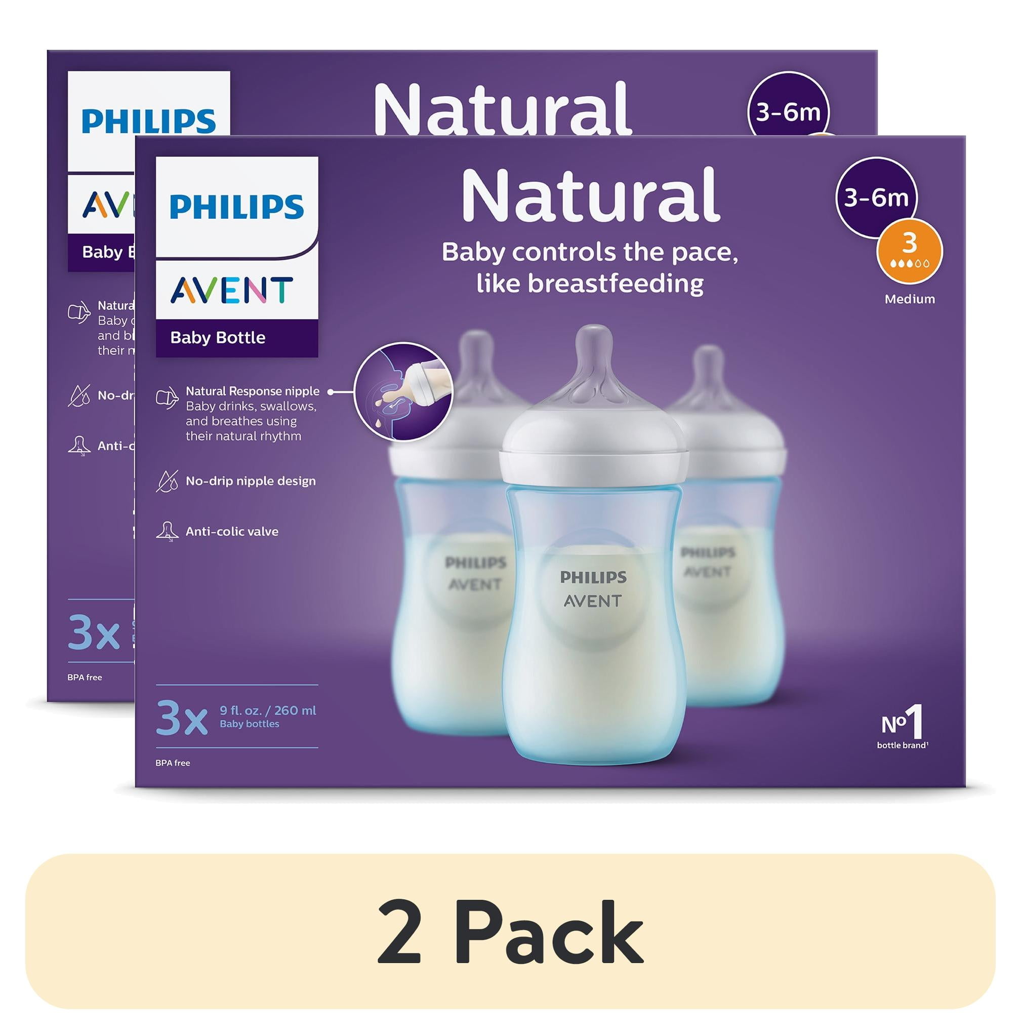 (2 pack) Philips Avent Natural Baby Bottles with Natural Response Nipples (Medium Flow, Flow 3), 9oz, Blue, 3-Pack, SCY903/23