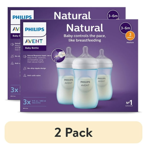 (2 pack) Philips Avent Natural Baby Bottles with Natural Response Nipples (Medium Flow, Flow 3), 9oz, Blue, 3-Pack, SCY903/23