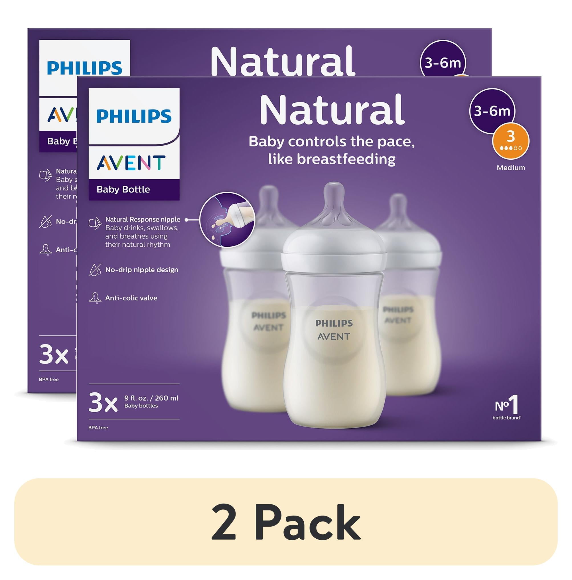 (2 pack) Philips Avent Natural Baby Bottles with Natural Response Nipples (Medium Flow, Flow 3), 9oz, 3-Pack, SCY903/93