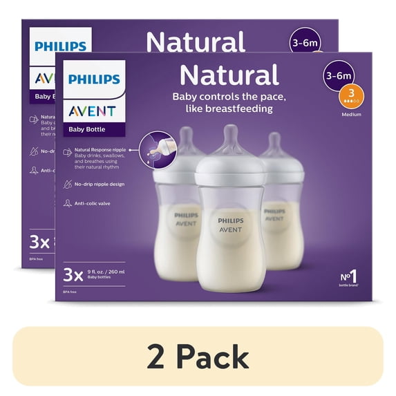 (2 pack) Philips Avent Natural Baby Bottles with Natural Response Nipples (Medium Flow, Flow 3), 9oz, 3-Pack, SCY903/93