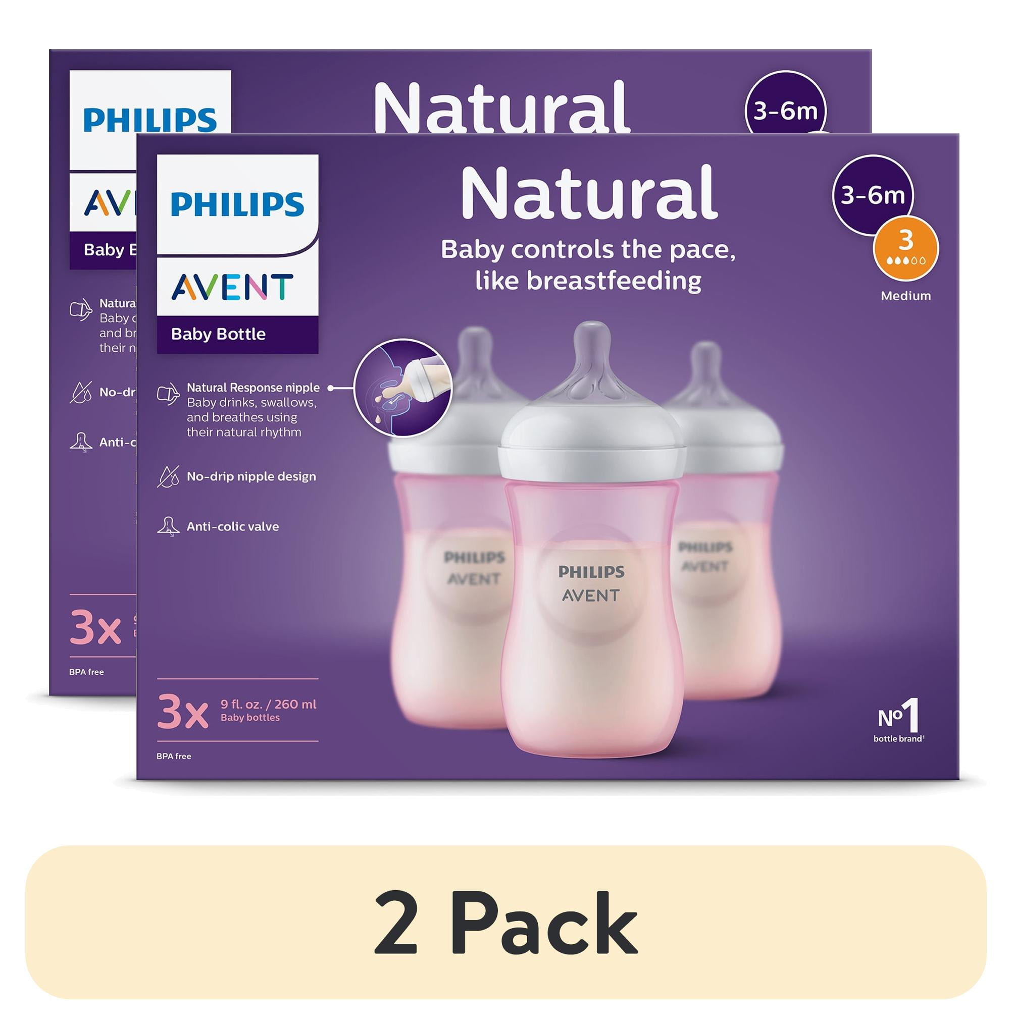 (2 pack) Philips Avent Natural Baby Bottles, Medium Flow, 9oz, Pink, 3-Pack, SCY903/13