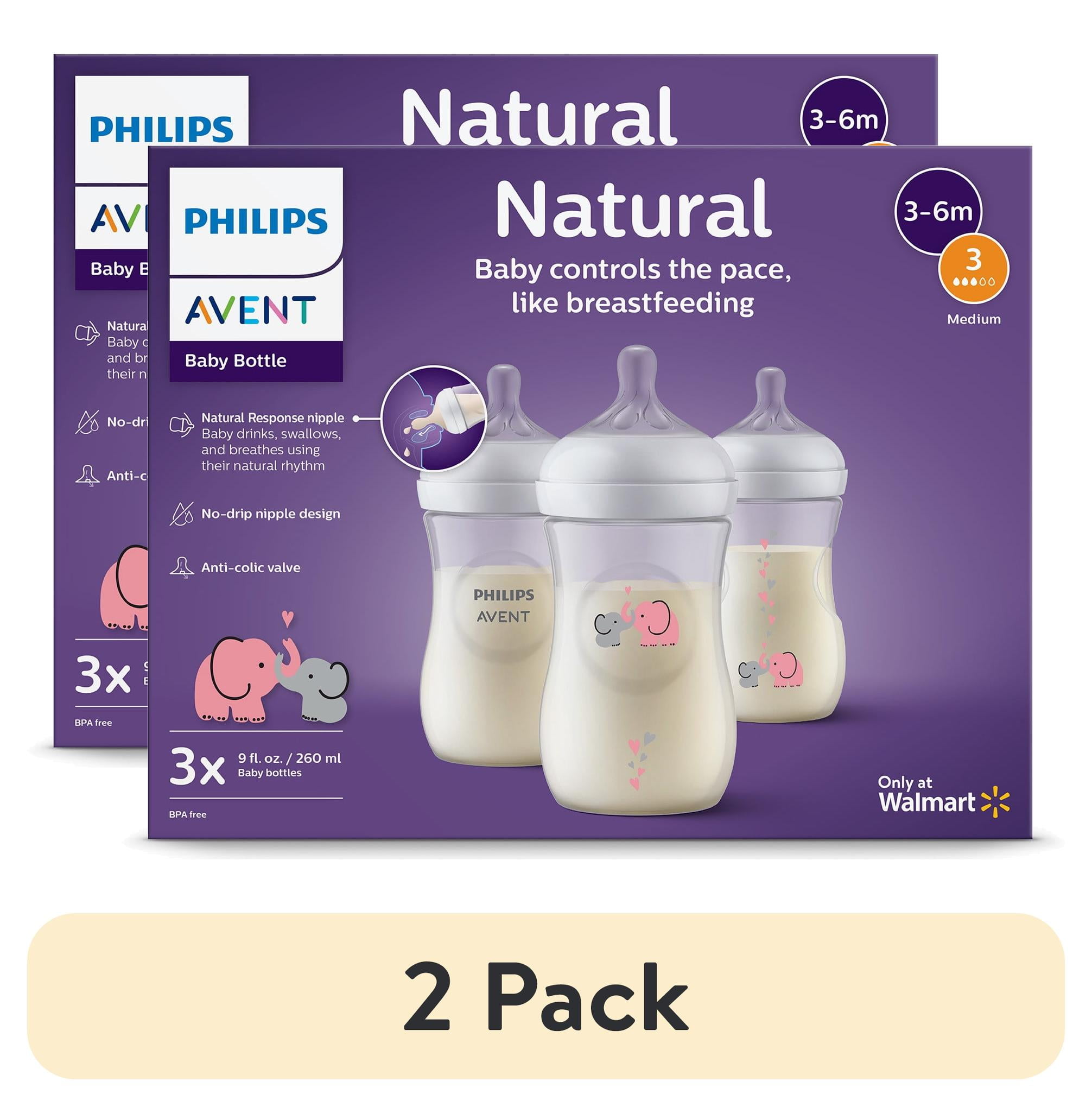 (2 pack) Philips Avent Natural Baby Bottle with Natural Response Nipple (Medium Flow, Flow 3), with Pink Elephant Design, 9oz, 3pk, SCY903/62