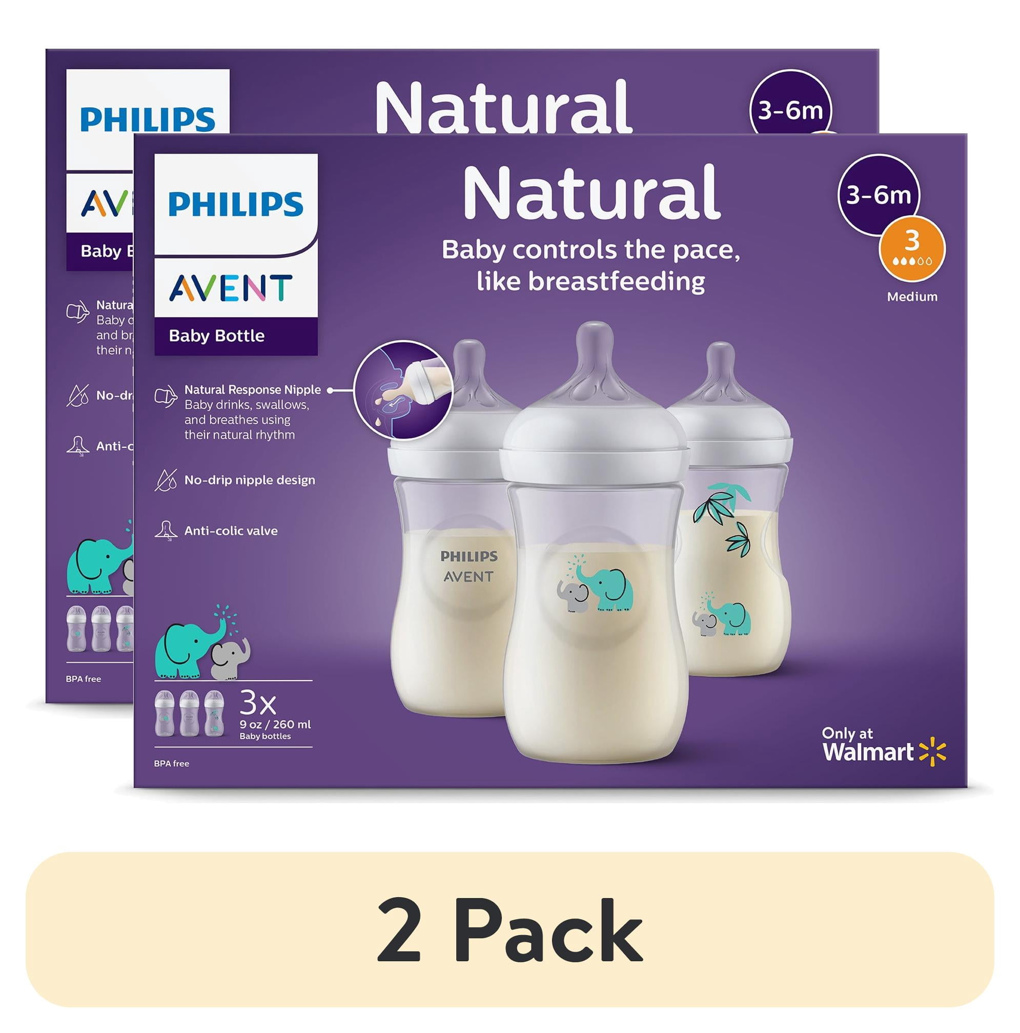 (2 pack) Philips Avent Natural Baby Bottle with Natural Response Nipple, Teal Elephant, 9oz, 3pk, SCY903/69