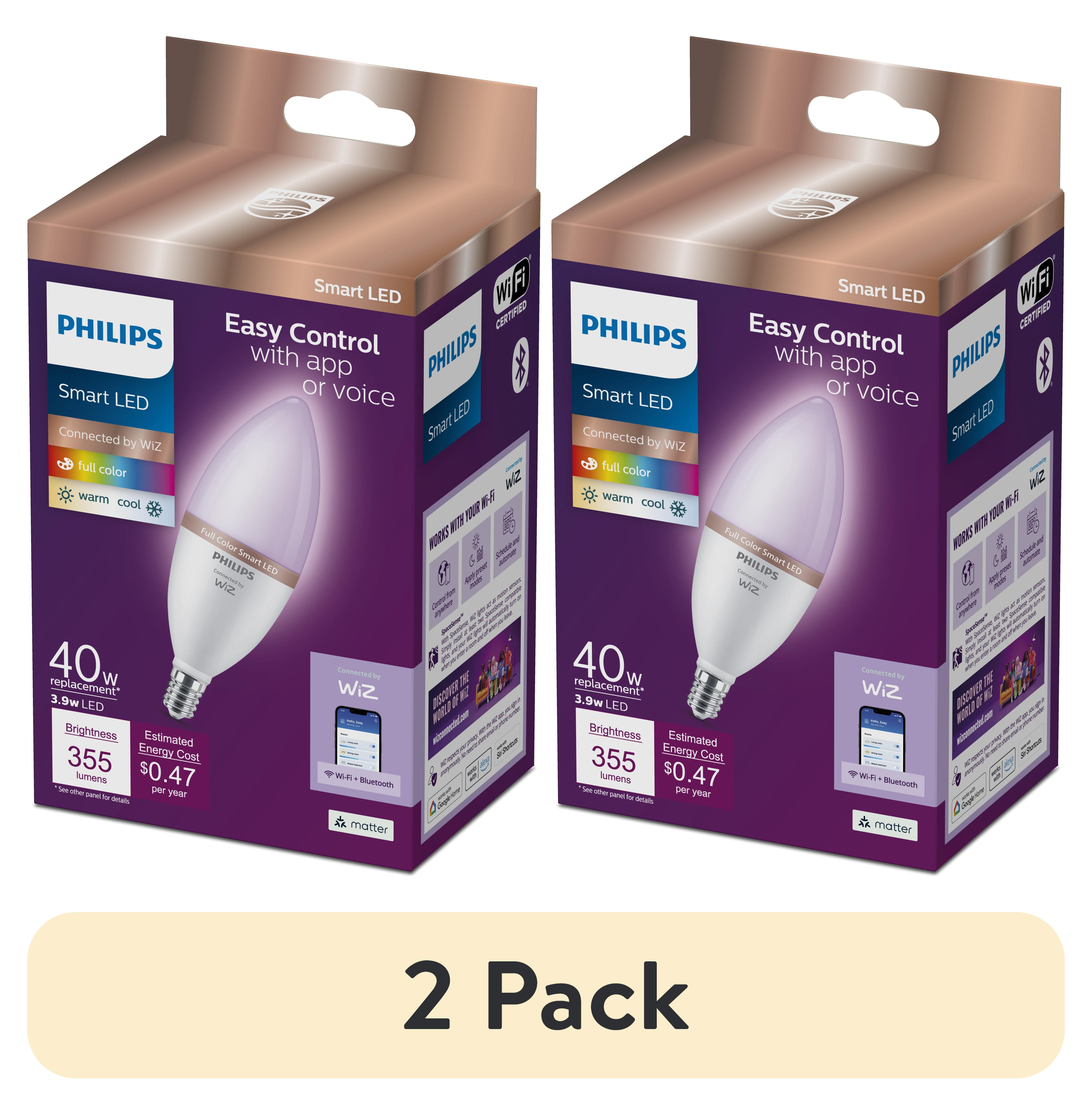 (2 pack) Philips Smart Wi-Fi Connected LED 40-Watt B12 Candle Light Bulb, Frosted Color Dimmable, E12 Candelabra Base (1-Pack)
