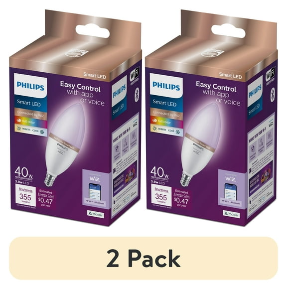 (2 pack) Philips Smart Wi-Fi Connected LED 40-Watt B12 Candle Light Bulb, Frosted Color Dimmable, E12 Candelabra Base (1-Pack)