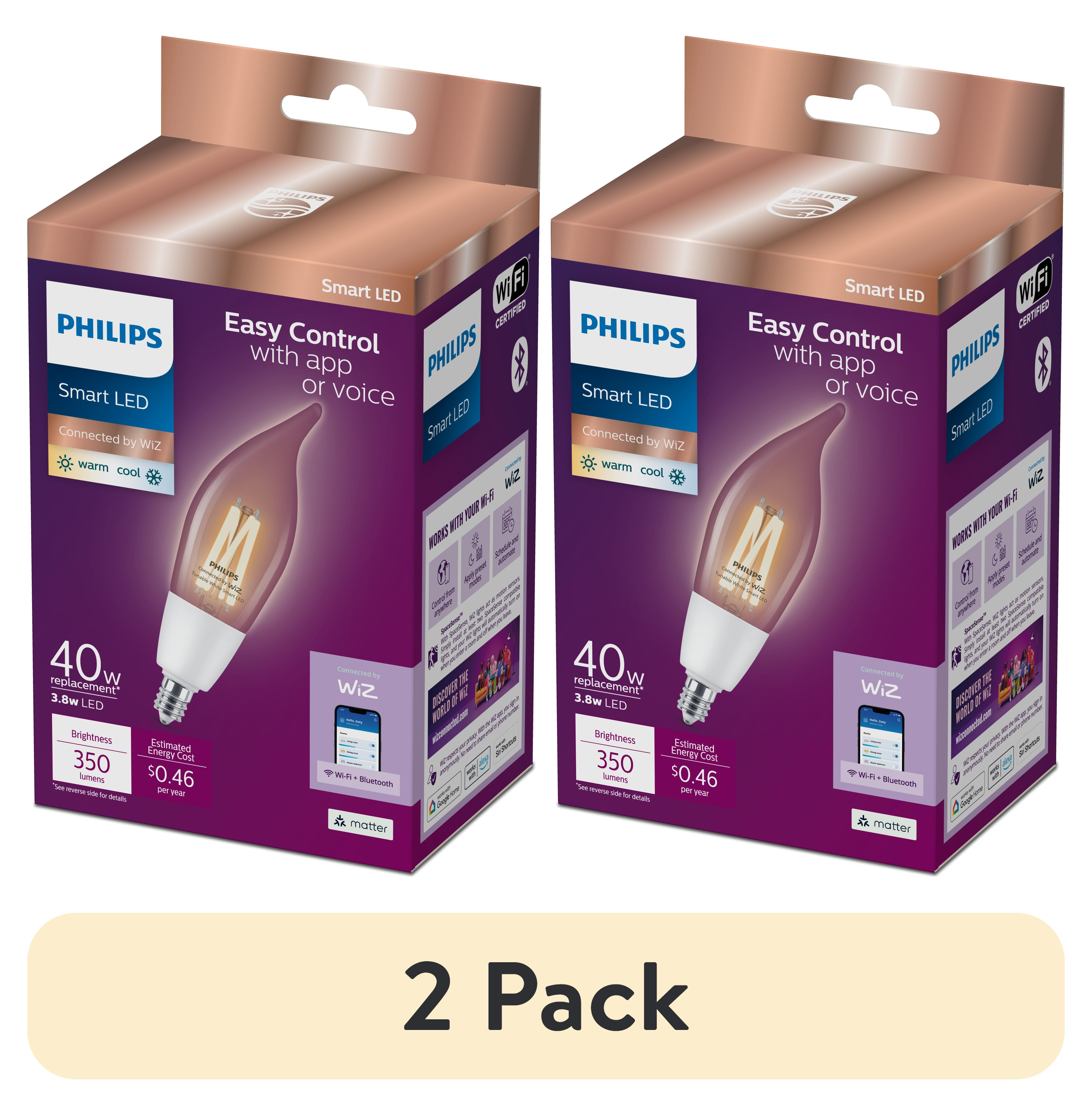 (2 pack) Philips Smart Wi-Fi Connected LED 40-Watt BA11 Filament Candle Light Bulb, Clear Tunable White, Dimmable, E12 Candelabra Base (1-Pack)