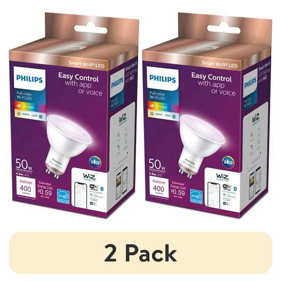 (2 pack) Philips Smart Wi-Fi Connected LED 50-Watt GU10 Light Bulb, Color, Dimmable (1-Pack)