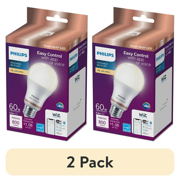 (2 pack) Philips Smart Wi-Fi Connected LED 60-Watt A19 Light Bulb, Frosted Soft White, Dimmable, E26 Base (1-Pack)