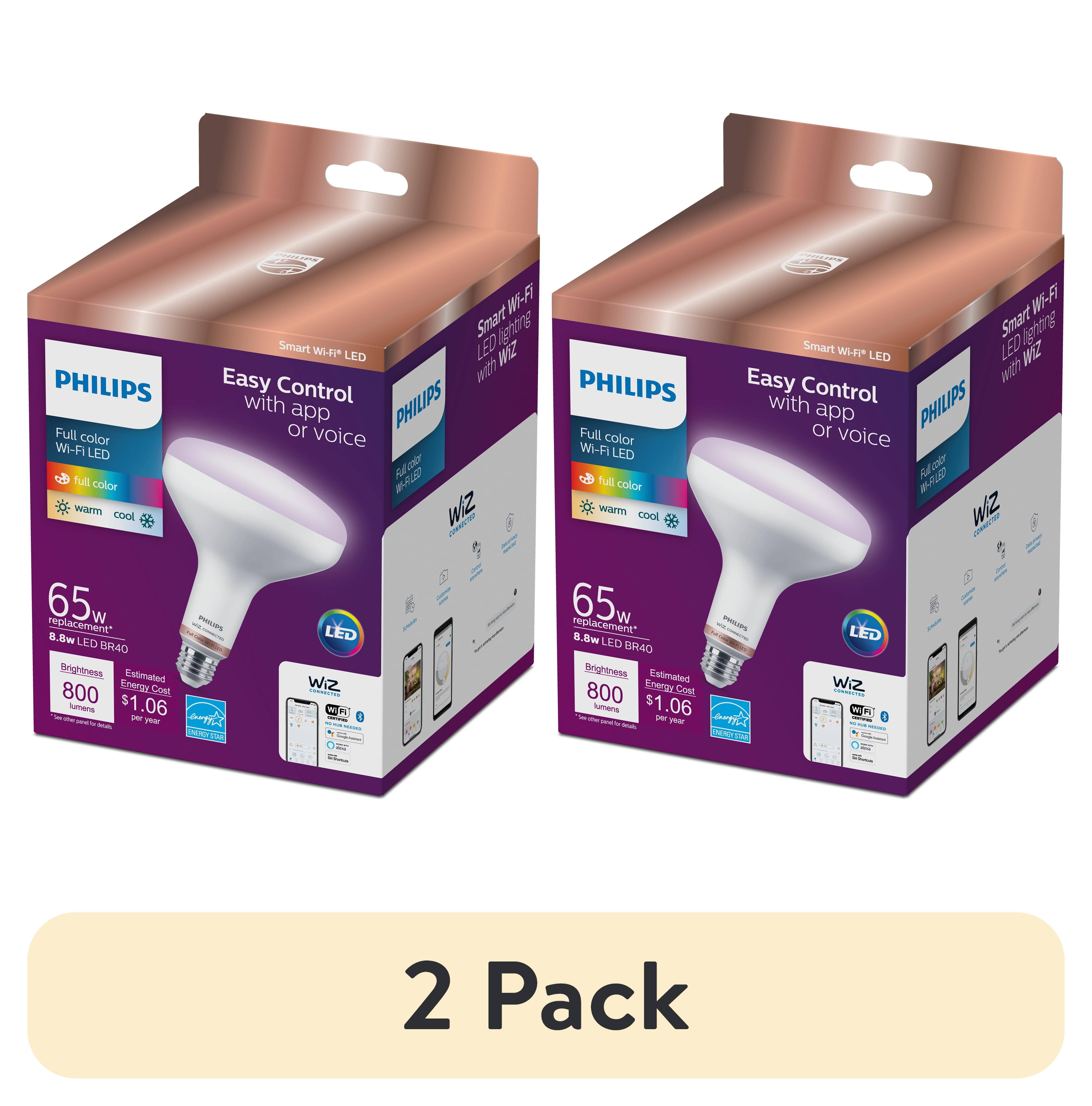 (2 pack) Philips Smart Wi-Fi Connected LED 65-Watt BR40 Flood Light Bulb, Frosted Color, Dimmable, 110º Beam Angle, E26 Medium Base (1-Pack)