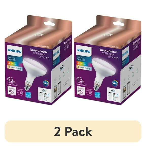 (2 pack) Philips Smart Wi-Fi Connected LED 65-Watt BR40 Flood Light Bulb, Frosted Color, Dimmable, 110º Beam Angle, E26 Medium Base (1-Pack)