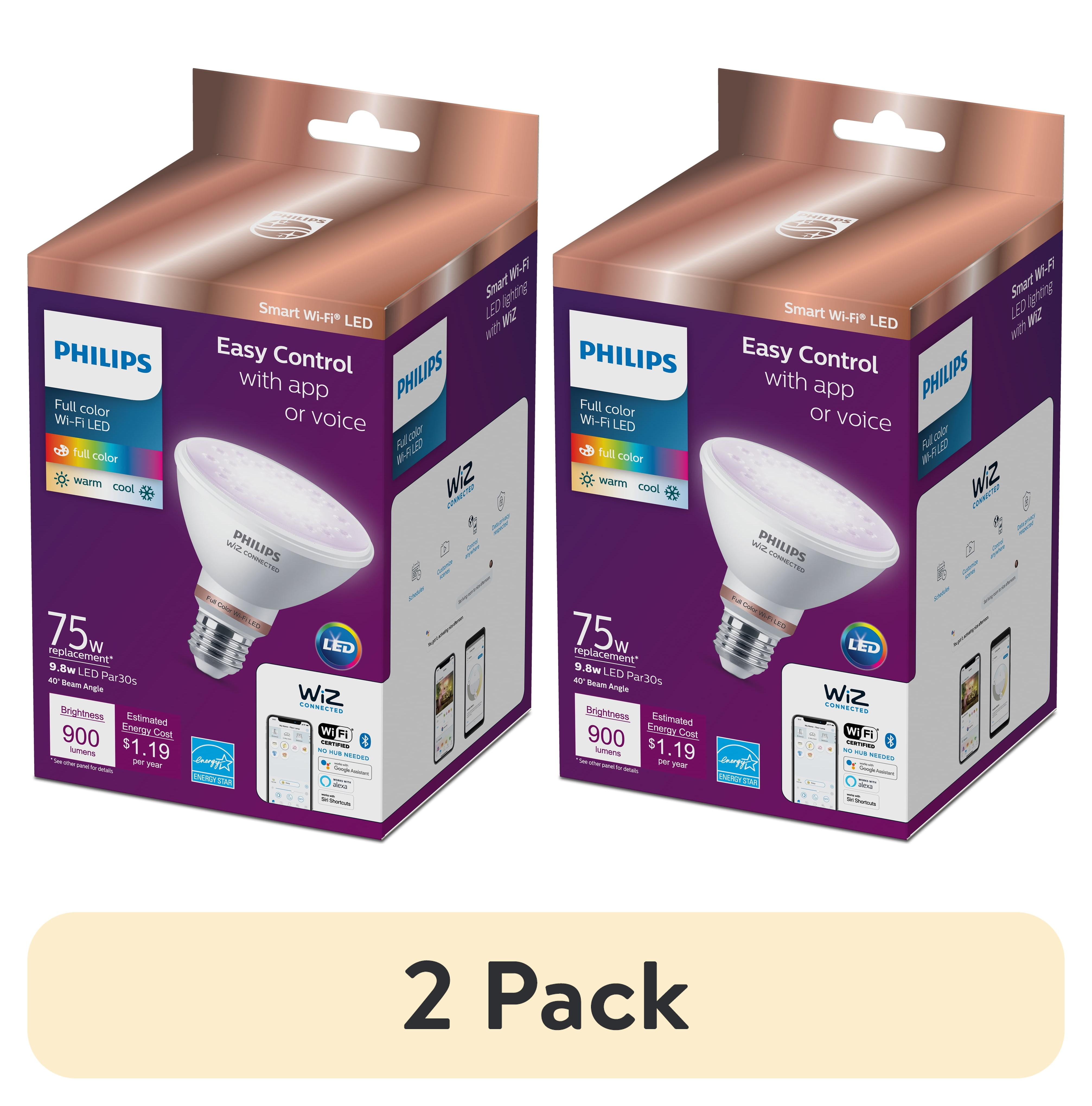 (2 pack) Philips Smart Wi-Fi Connected LED 75-Watt Equivalent PAR30 Light Bulb, Color, Dimmable, E26 Medium Base (1-Pack)