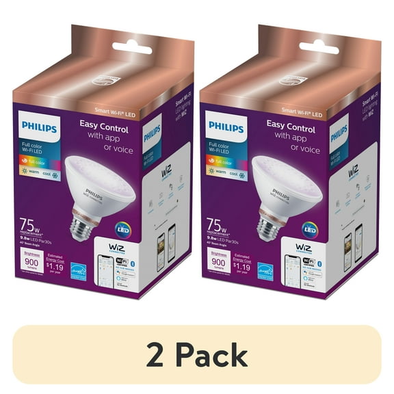 (2 pack) Philips Smart Wi-Fi Connected LED 75-Watt Equivalent PAR30 Light Bulb, Color, Dimmable, E26 Medium Base (1-Pack)