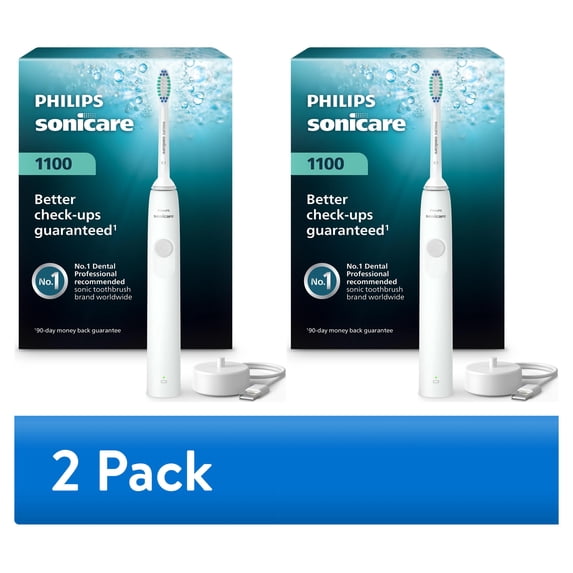 (2 pack) Philips Sonicare 1100 Series Electric Toothbrush - Sonic Toothbrush with Advanced Sonic Technology, Easystart, Smartimer & Quadpacer, White, Model HX3641/02