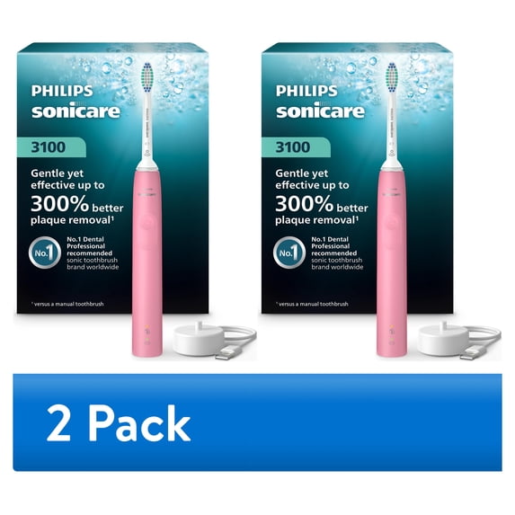 (2 pack) Philips Sonicare 3100 Series Electric Toothbrush - Sonic Toothbrush with Advanced Sonic Technology, Pressure Sensor, Two Intensity Settings, Smartimer & Quadpacer, Deep Pink, Model HX3681/06