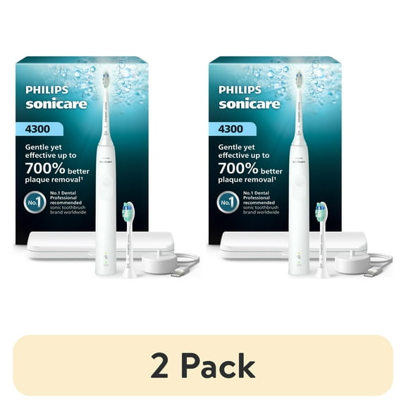 (2 pack) Philips Sonicare 4300 Series Electric Toothbrush - Sonic Toothbrush with Advanced Sonic Technology, Pressure Sensor, Two Intensity Settings, Smartimer & Quadpacer, Travel Case, White, Model HX3684/23