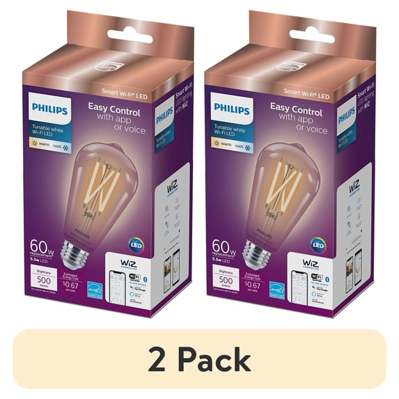 (2 pack) Philips Wi-Fi Connected LED 60-Watt ST19 Filament Tubular Light Bulb, Clear Tunable White, Non-Dimmable, E26 Base (1-Pack)