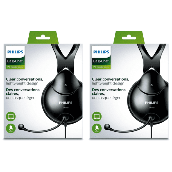 (2 pack) Philips Wired Over Ear Stereo Headphones W Mic & 2-to-1 Adapter for Zoom