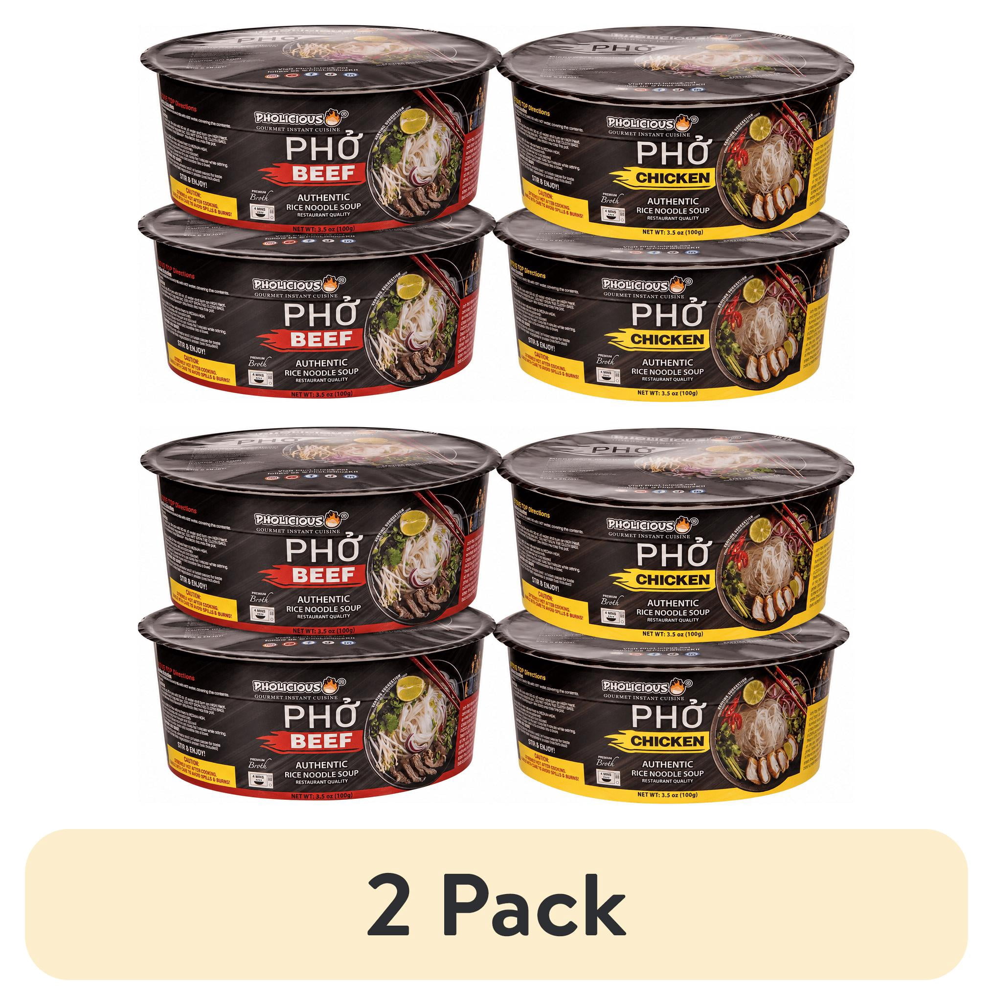 (2 pack) Pholicious Instant Pho Variety Pack, Vietnamese Rice Noodle Soup, 4 Count Combo Box, 2 Chicken & 2 Beef Single Serve 3.6 Ounce Bowls, Ramen Alternative & Fresh Ingredients, As Seen on Shark Tank